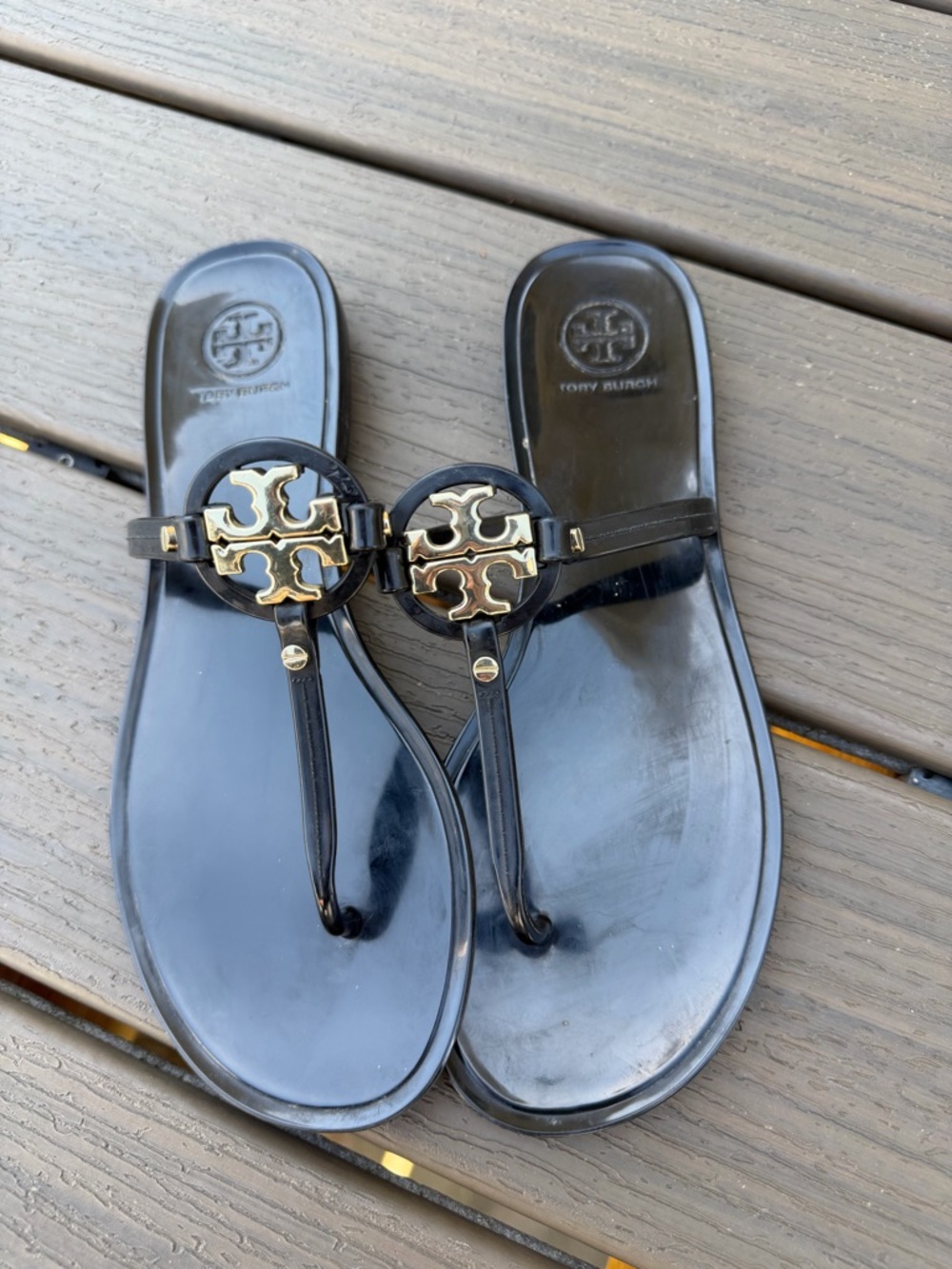 Tory Burch mini miller Black Jelly Logo Thong Sandals with Gold Medallion